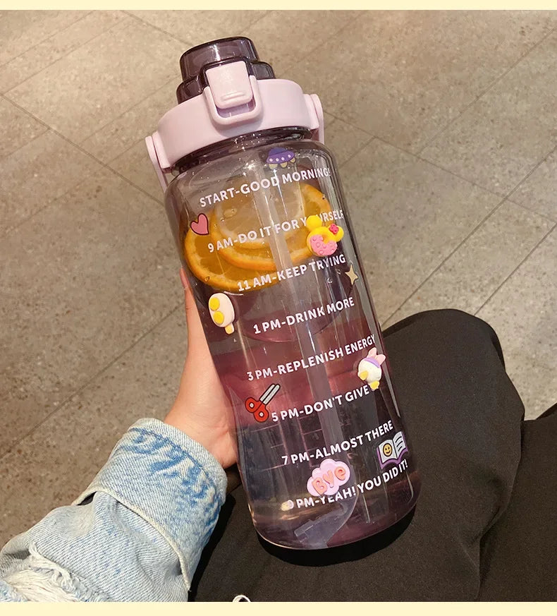 Sports Straw Water Bottle with Stickers Portable Large Capacity Fitness Bike Cup Summer Ice Cold Water Jug with Time Marker