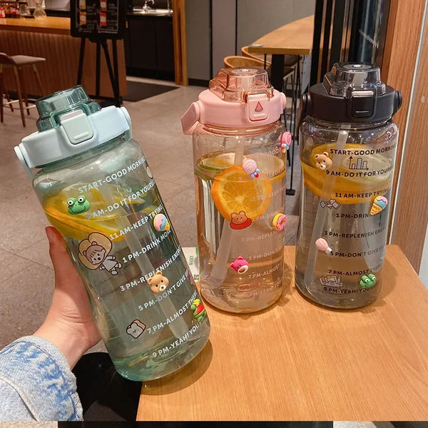 Sports Straw Water Bottle with Stickers Portable Large Capacity Fitness Bike Cup Summer Ice Cold Water Jug with Time Marker