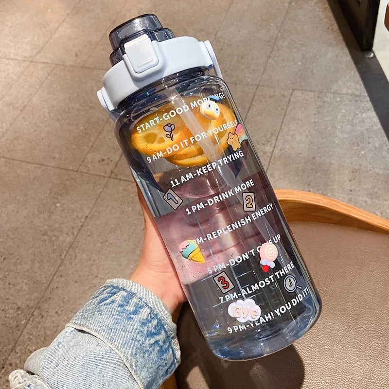 Sports Straw Water Bottle with Stickers Portable Large Capacity Fitness Bike Cup Summer Ice Cold Water Jug with Time Marker