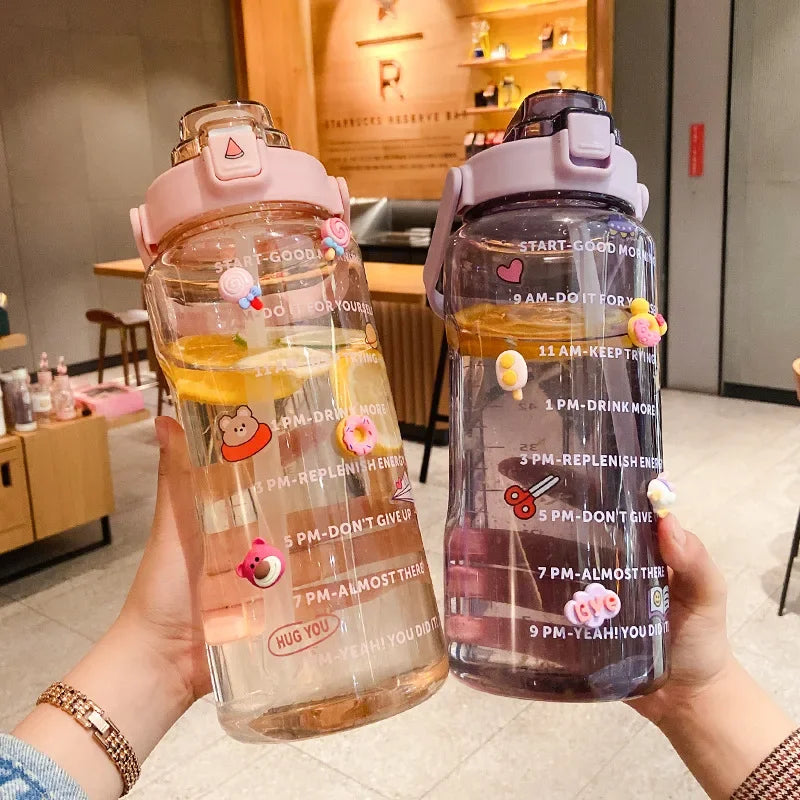 Sports Straw Water Bottle with Stickers Portable Large Capacity Fitness Bike Cup Summer Ice Cold Water Jug with Time Marker