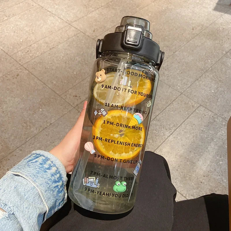 Sports Straw Water Bottle with Stickers Portable Large Capacity Fitness Bike Cup Summer Ice Cold Water Jug with Time Marker