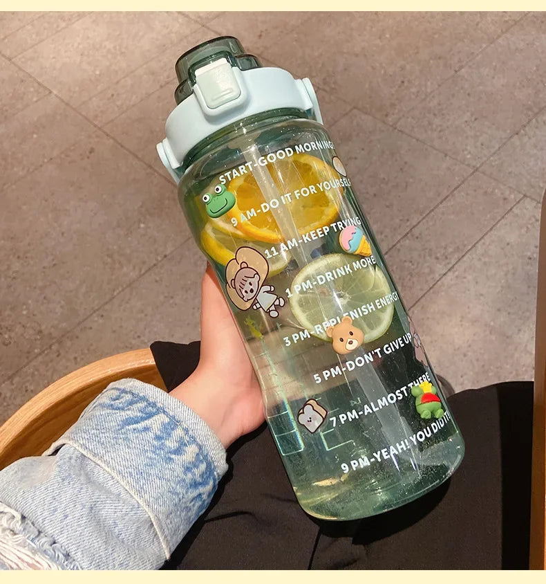 Sports Straw Water Bottle with Stickers Portable Large Capacity Fitness Bike Cup Summer Ice Cold Water Jug with Time Marker