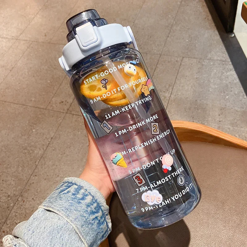 Sports Straw Water Bottle with Stickers Portable Large Capacity Fitness Bike Cup Summer Ice Cold Water Jug with Time Marker