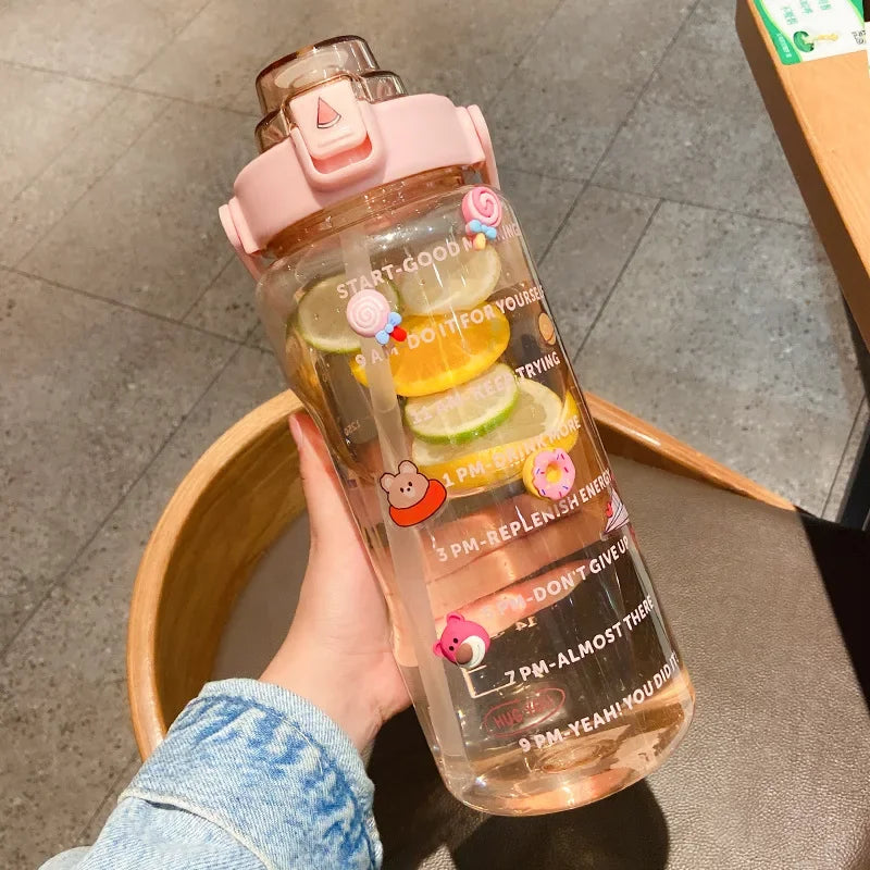 Sports Straw Water Bottle with Stickers Portable Large Capacity Fitness Bike Cup Summer Ice Cold Water Jug with Time Marker