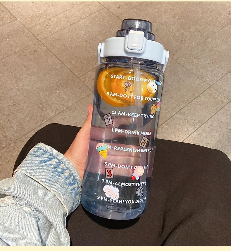 Sports Straw Water Bottle with Stickers Portable Large Capacity Fitness Bike Cup Summer Ice Cold Water Jug with Time Marker